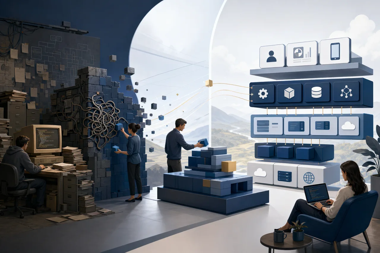 Illustratie van een softwareplatform dat zorgvuldig wordt gemoderniseerd van legacy naar moderne architectuur