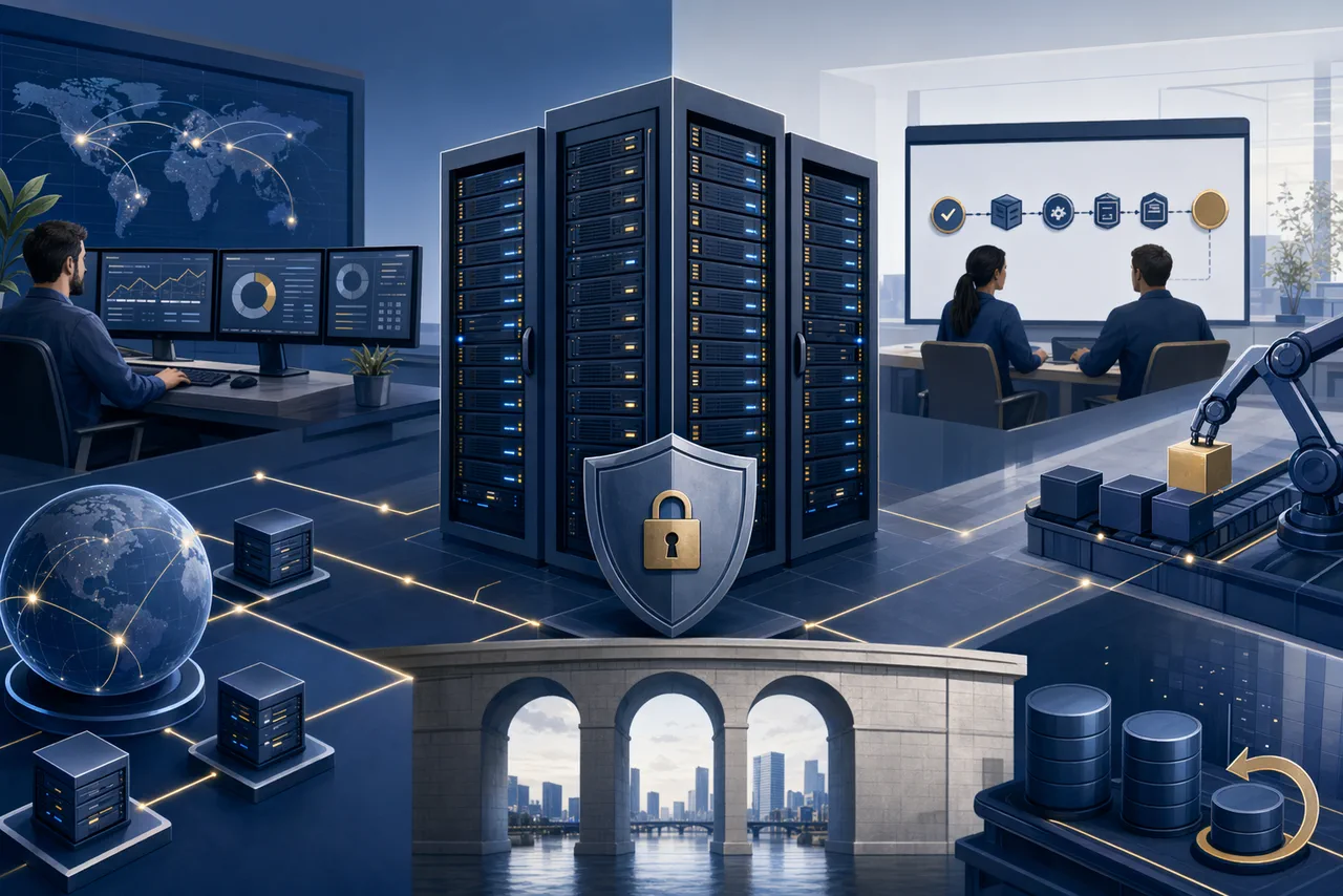 Illustratie van betrouwbare hosting en infrastructuur met focus op stabiliteit, security en releases