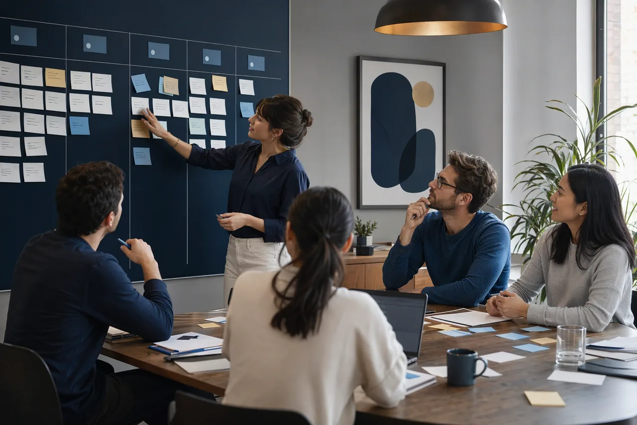 Illustratie van een softwareteam dat in scrum samenwerkt rond een sprintbord