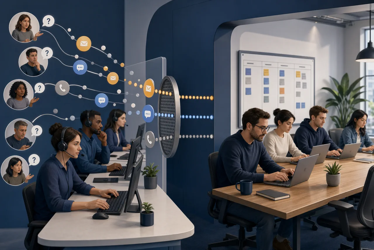 Illustratie van support dat klantvragen opvangt terwijl het developmentteam gefocust aan sprintwerk werkt