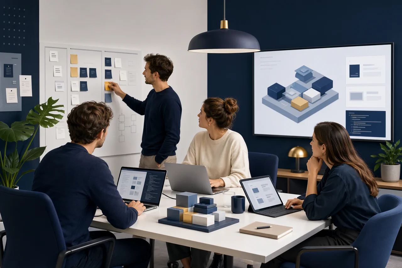 Illustratie van een compact softwareteam dat samenwerkt aan product, architectuur en planning